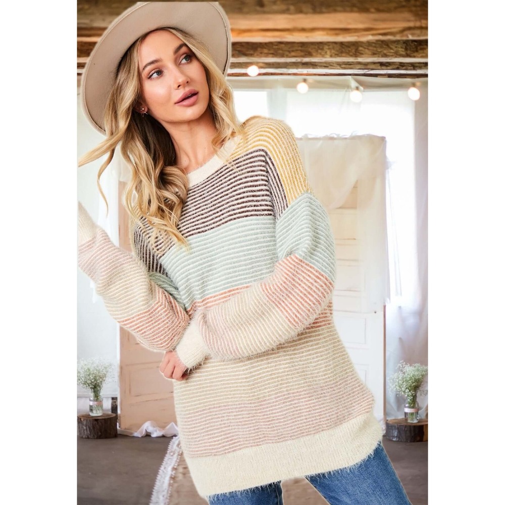 On Blue Striped‎ Fuzzy Knit Sweater Women's Size 1X Multicolor Long Sleeve Fall